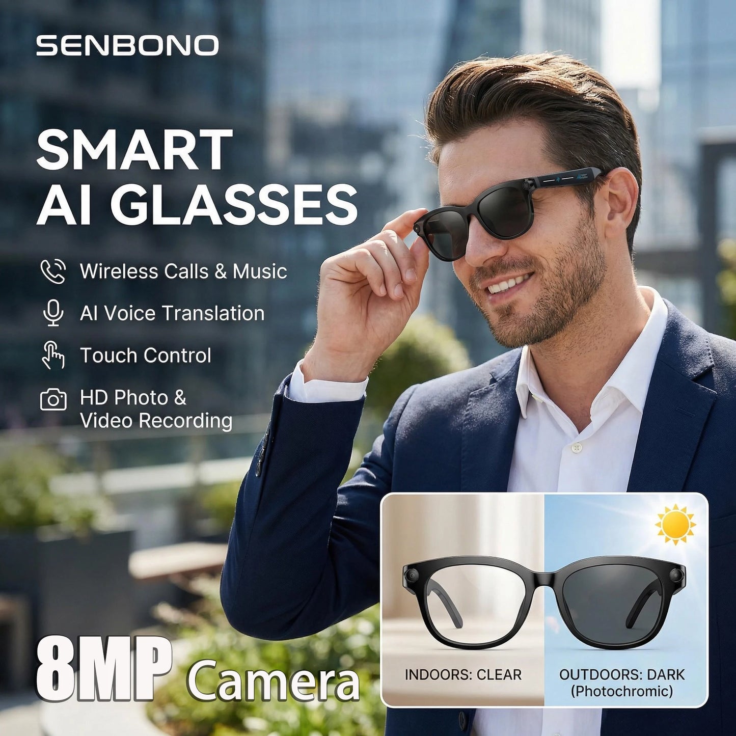 SENBONO AI Smart Glasses with Camera Take Photo 2MP/5MP/8MP 1080P 4K Videos Smart AI Glasses AI Voice AI Photo Recognition AI Translation Wireless Calling Music Control Sunglasses for Men Women