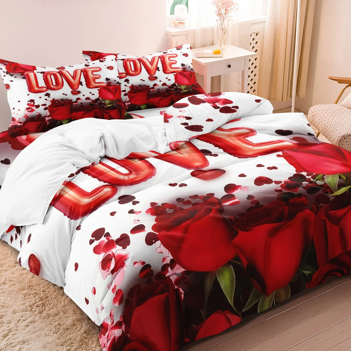 3Pcs Romantic Love Letter Red Rose Flower Pattern Bedding Set Included 1 Duvet Cover & 2 Pillowcases For Home Dorm Hotel Decor