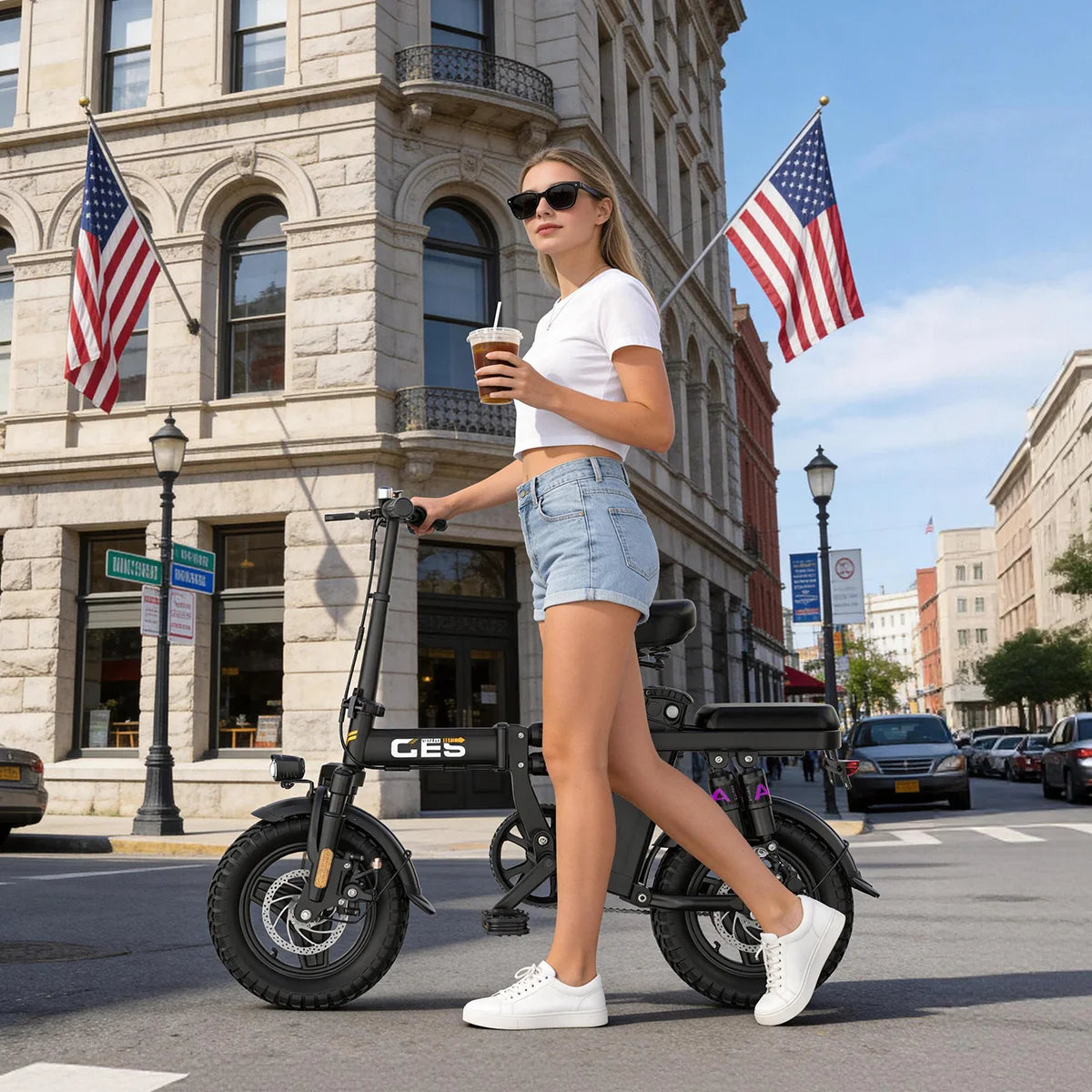 UPlee GE5 48V 15AH Battery EBike 30+MPH 250W Folding Electric Bike 30 Miles Max Range Electric Bike for Adults 14" Fat Tire