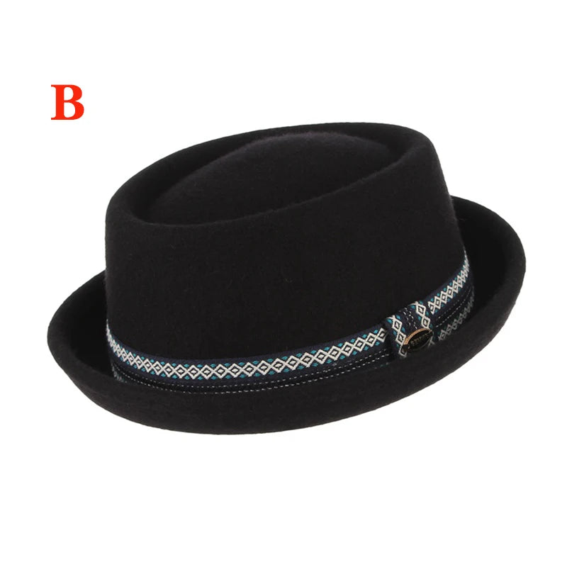 100% Wool Pork Pie Fedora Hat for Women Men Autumn Winter Felt Curved Brim Porkpie Hat
