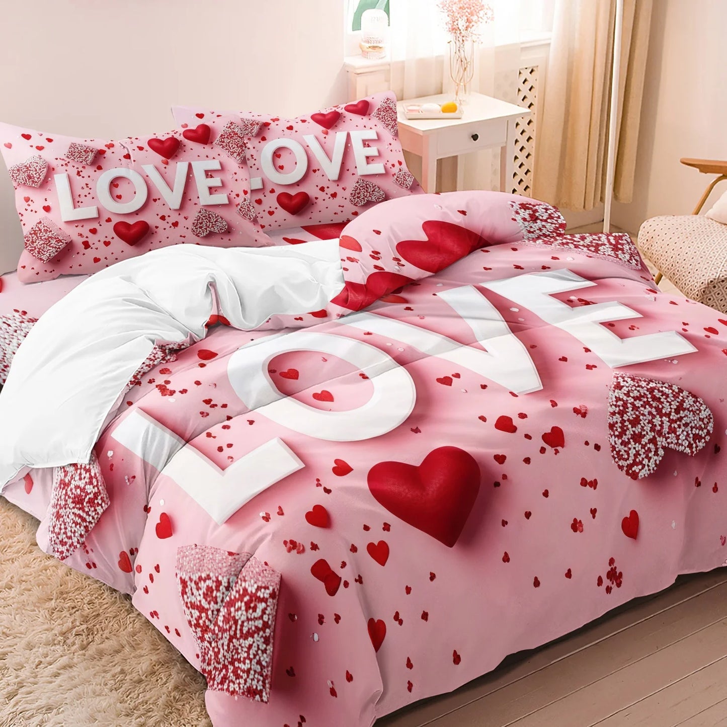 3Pcs Romantic Love Letter Red Rose Flower Pattern Bedding Set Included 1 Duvet Cover & 2 Pillowcases For Home Dorm Hotel Decor