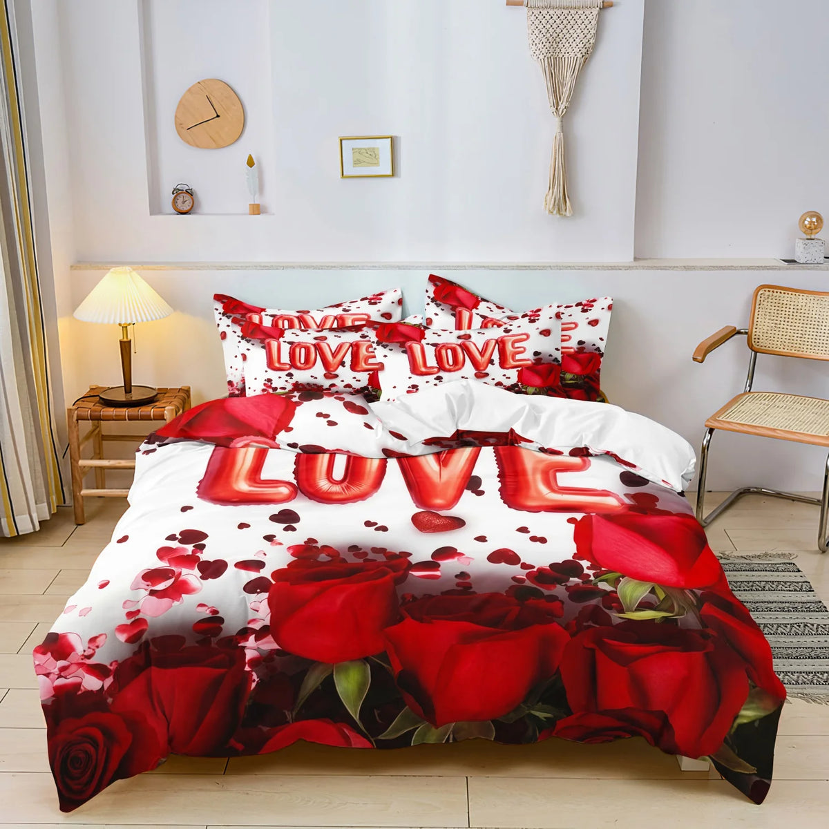 3Pcs Romantic Love Letter Red Rose Flower Pattern Bedding Set Included 1 Duvet Cover & 2 Pillowcases For Home Dorm Hotel Decor