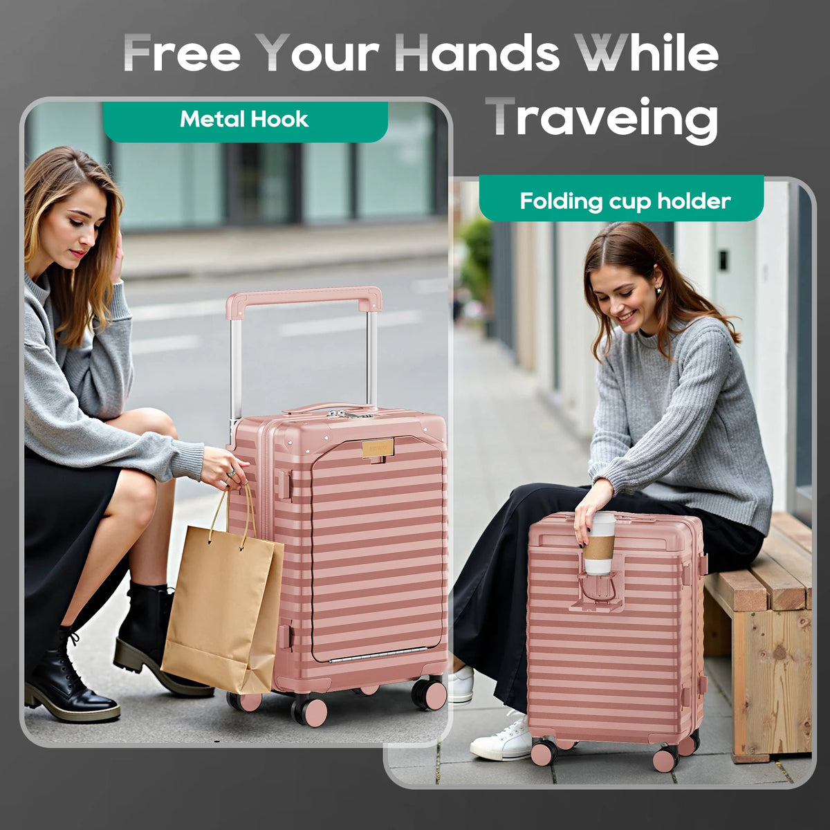 20 inch Front-opening Carry-on Luggage Suitcase with Cup Holder, TSA Lock, Spinner Wheels