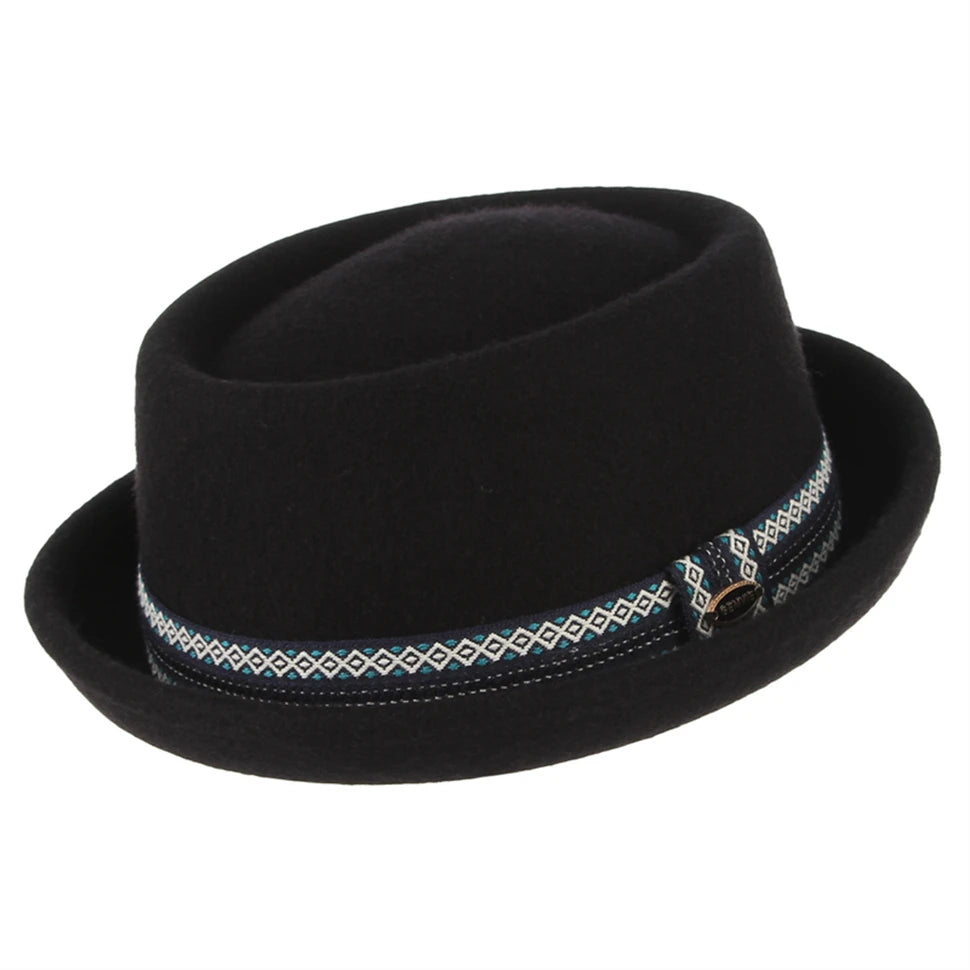 100% Wool Pork Pie Fedora Hat for Women Men Autumn Winter Felt Curved Brim Porkpie Hat
