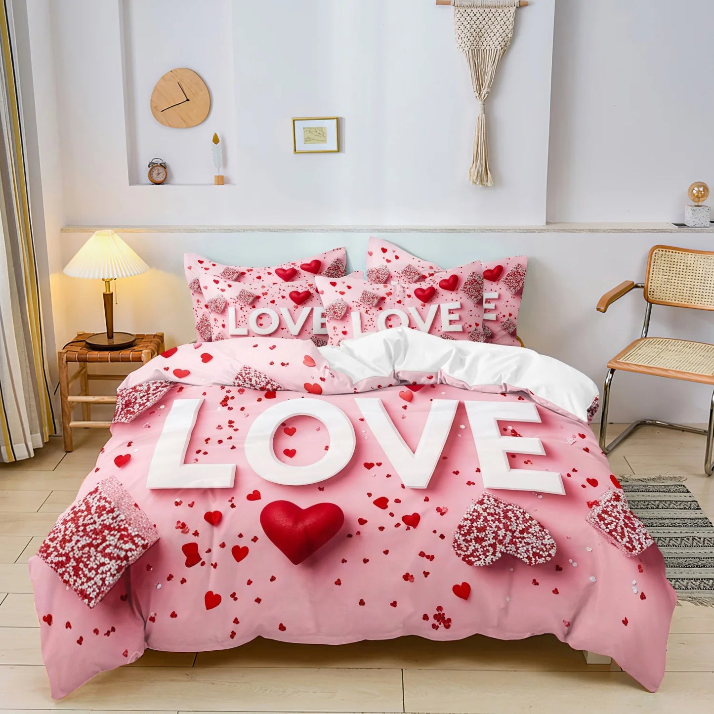 3Pcs Romantic Love Letter Red Rose Flower Pattern Bedding Set Included 1 Duvet Cover & 2 Pillowcases For Home Dorm Hotel Decor